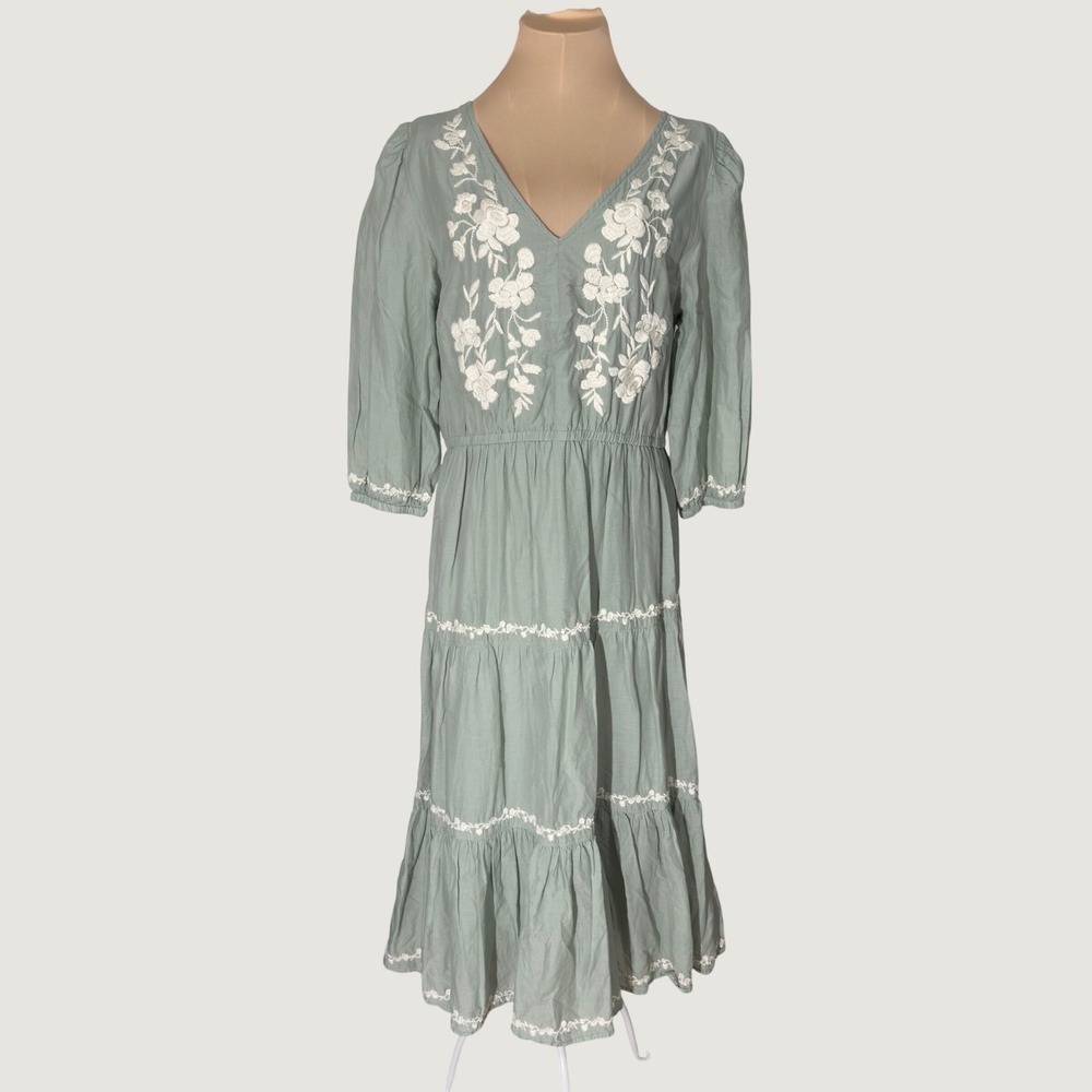 3271 | Lucky Brand Embroidered Tiered Midi Dress Sage Green Cotton Women L